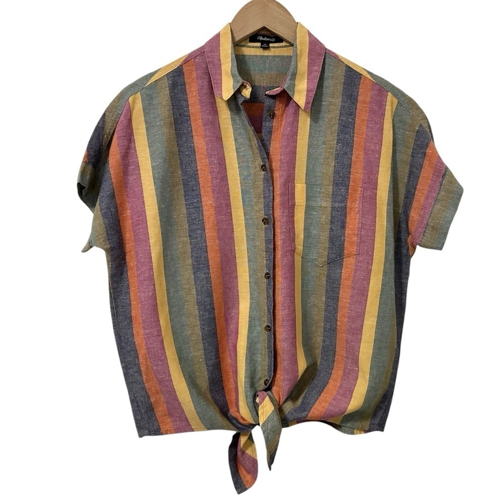 Madewell Womens Linen Blend Striped Tie-Front Top XS Button Up Short Sleeve